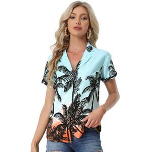 Hawaiian Shirts Floral Top Leaves Printed Short Sleeve Tropical Blue Coconut